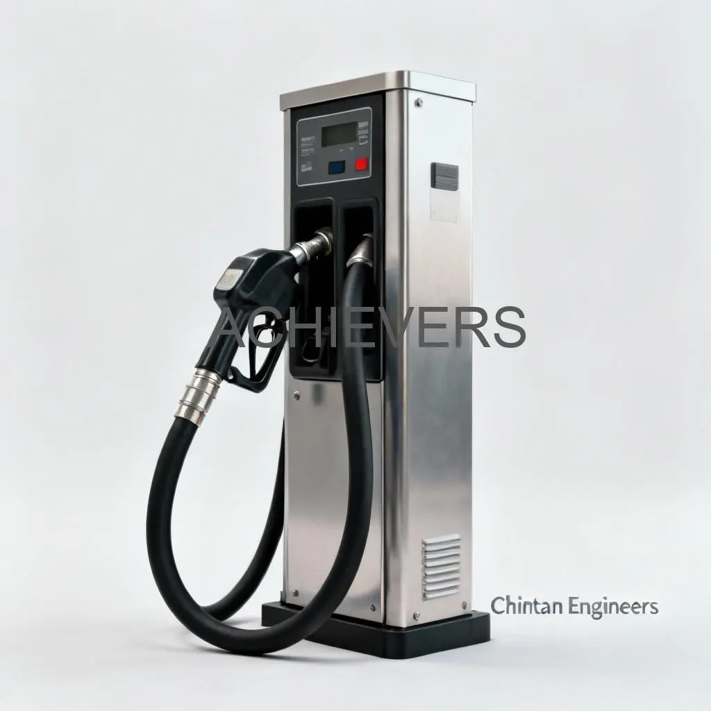 Close-up of Diesel Dispenser installed on a concrete island showing the nozzle assembly, digital display, and heavy-duty metal casing suitable for industrial sites