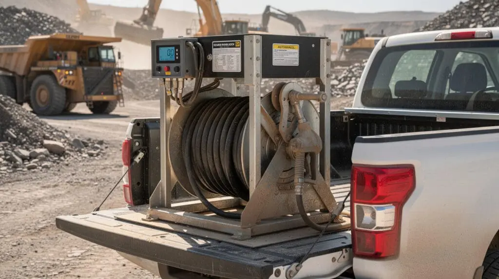 Chintan Engineers CE-206 mobile fuel dispenser skid mounted on a service truck at a mining site