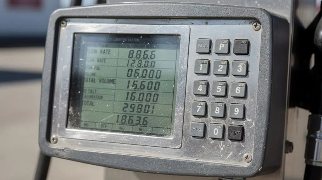 Close up of a digital preset fuel controller screen showing calibration data in sunlight