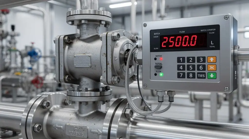 Close up of an industrial positive displacement flow meter and batch controller