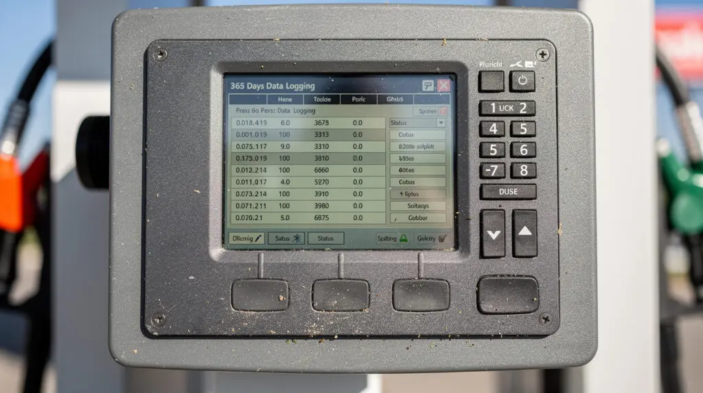 Close up of digital preset controller on a CE-206 mobile fuel dispenser showing data log interface.