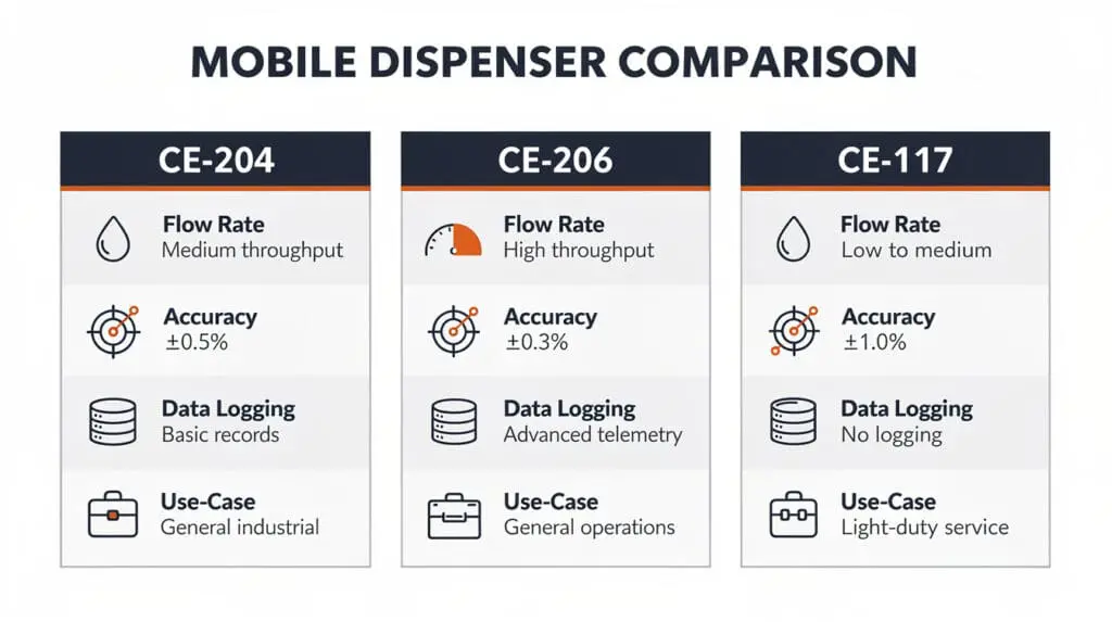 Comparison infographic of CE-204, CE-206, and CE-117 mobile fuel dispensers showing flow rates and accuracy.