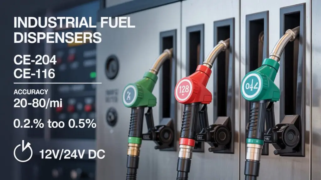 Comparison infographic of CE-204, CE-206, and CE-117 mobile fuel dispenser specifications