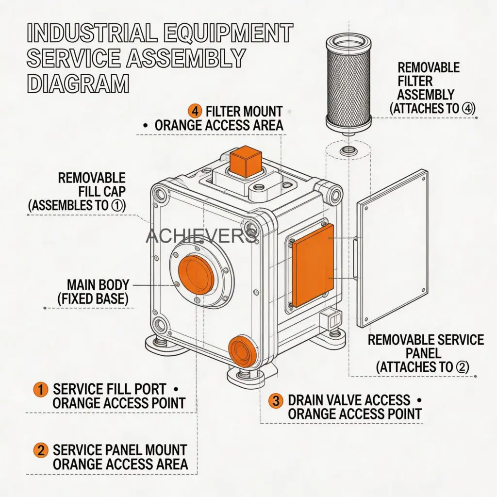 Maintenance diagram and exploded view of a positive displacement diesel flow meter showing service access points, strainer extraction routes, and replaceable sealing components