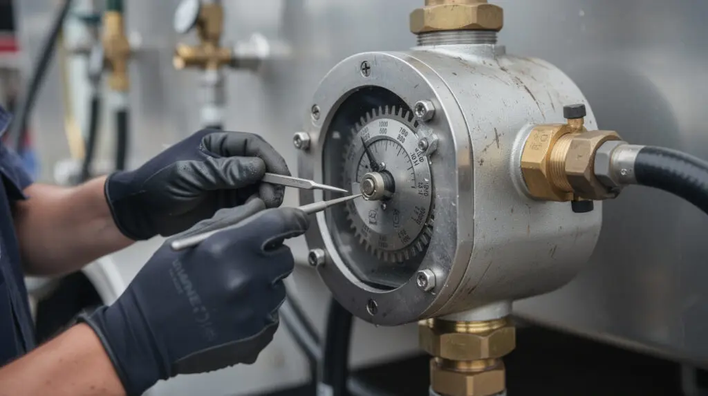 Engineer calibrating a mobile fuel dispenser positive displacement meter