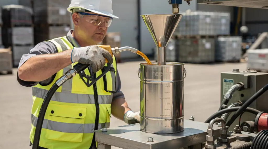 Engineer calibrating a mobile fuel dispenser using a 20-liter stainless steel volumetric proving measure