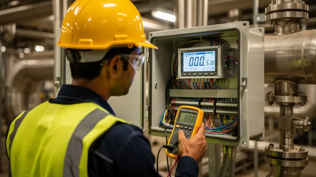 Engineer performing maintenance and RS485 wiring checks on a fuel consumption meter