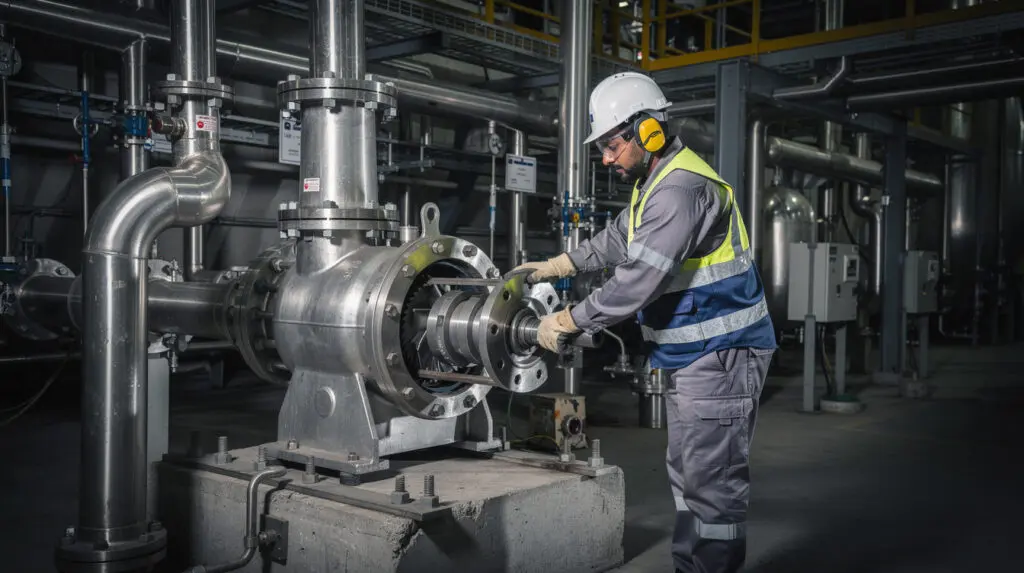 Engineer removing rotating assembly from a stainless steel back pull-out BPO centrifugal pump in a chemical plant