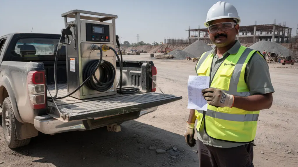 Fleet manager reviewing printed receipt from CE-206 mobile diesel dispenser
