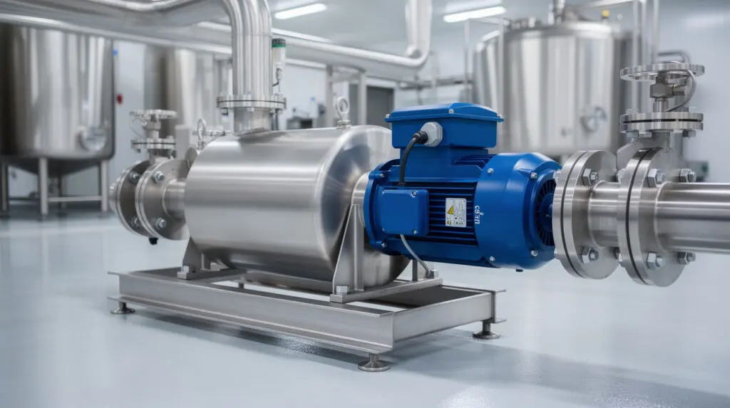 Hygienic CE Series stainless steel monoblock pump installed in a dairy processing plant