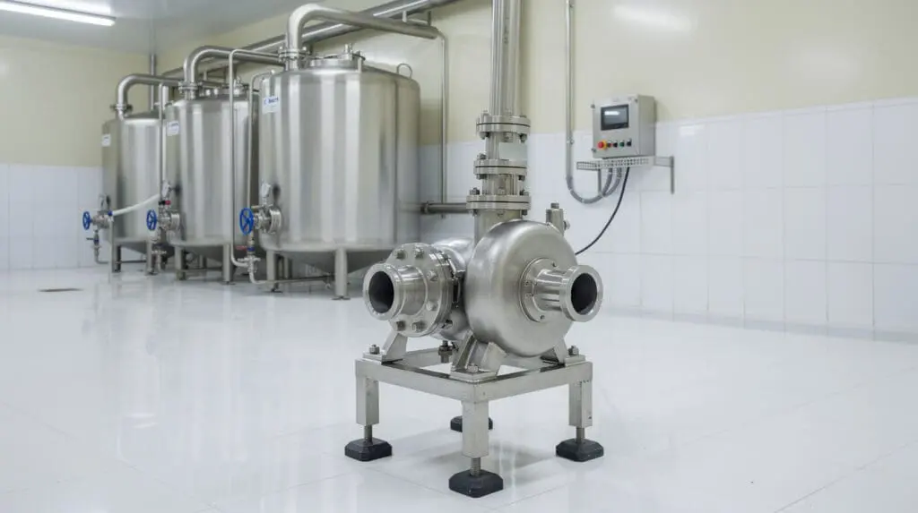 Hygienic stainless steel centrifugal pump installed in a dairy processing facility