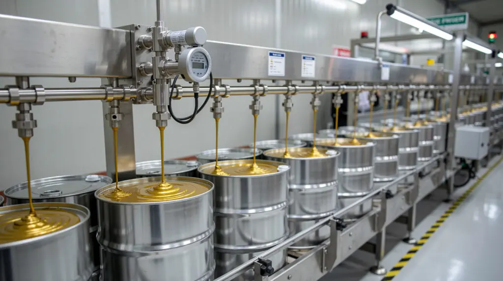 Industrial batching skid dispensing high viscosity lube oil