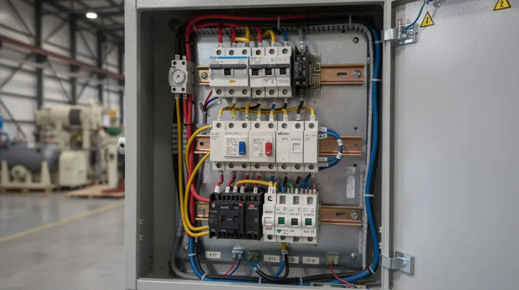 Industrial electrical control panel with thermal overload relays for pump motor protection