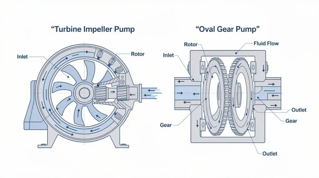 Mechanical comparison of turbine impeller vs positive displacement oval gear meter
