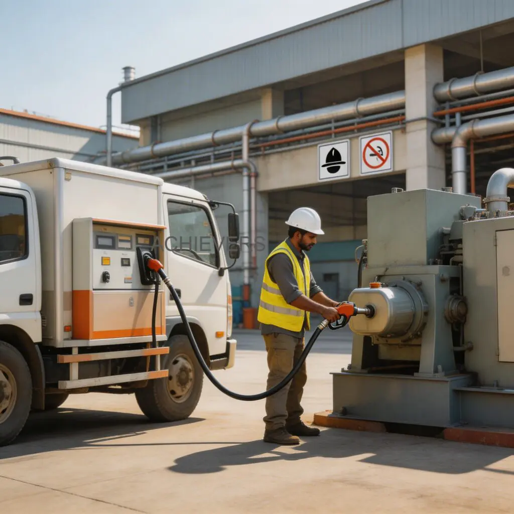 Skid-mounted Mobile Fuel Dispenser logging transaction data while dispensing diesel into heavy earthmoving equipment at an Indian cement manufacturing facility