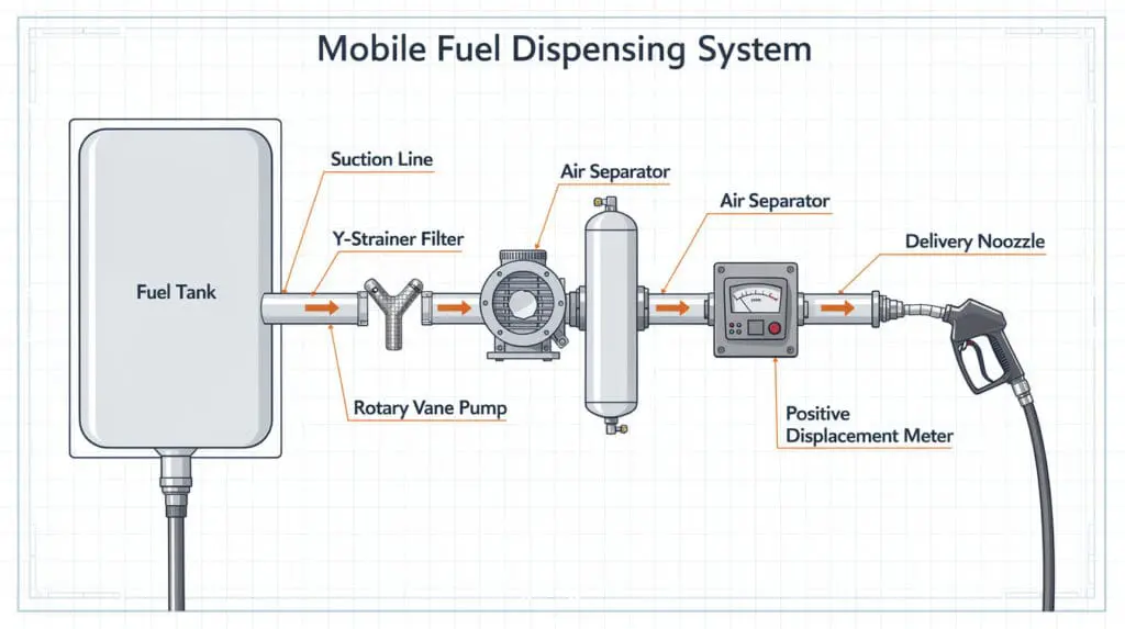Schematic diagram of mobile fuel dispenser components including rotary pump and positive displacement meter