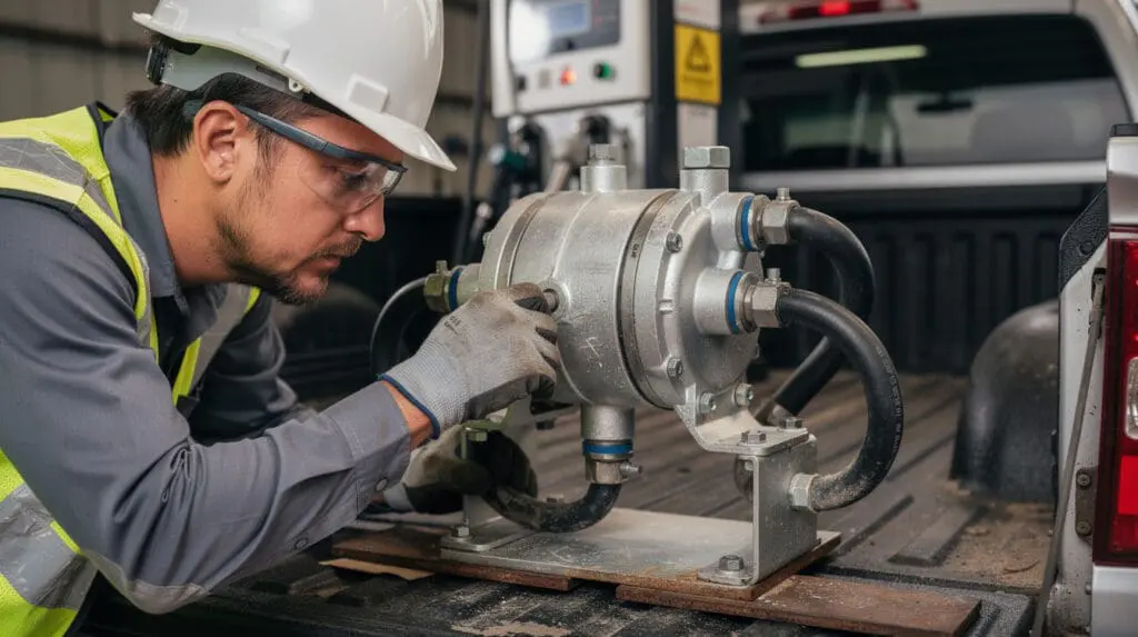 Site engineer checking filter housing O-rings on a mobile diesel bowser to prevent air-lock