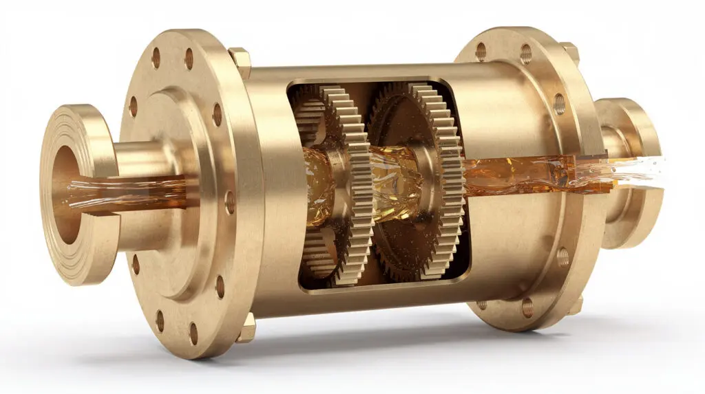 Cross-section diagram of an oval gear positive displacement flow meter for diesel.