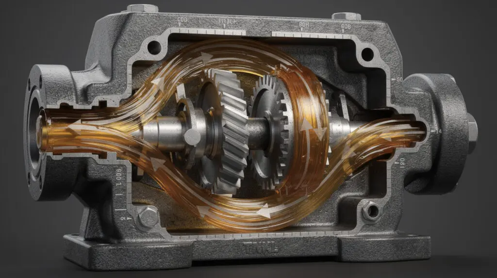 Cutaway cross section of positive displacement oval gear oil flow meter mechanism