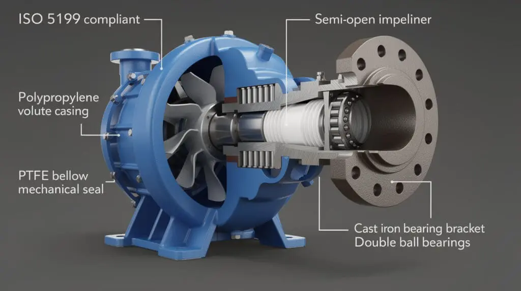 Cutaway diagram of an ISO 5199 compliant Polypropylene centrifugal pump showing internal components like the semi-open impell