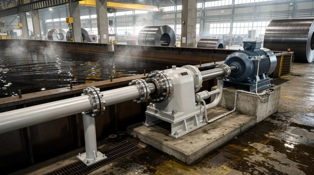 Heavy duty horizontal PP pump for HCL transfer in a steel pickling line