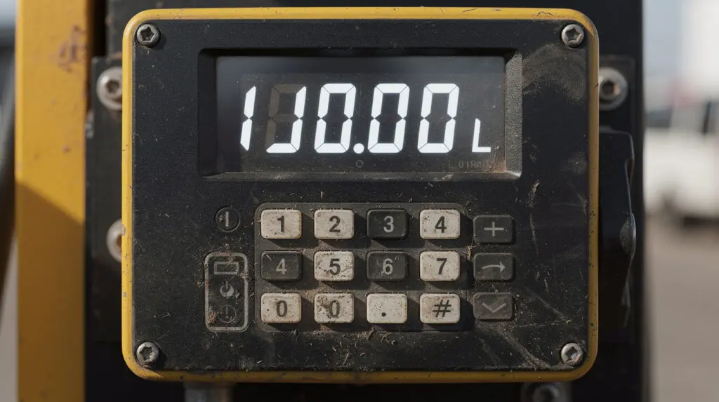 Close-up of a high-accuracy mobile fuel dispenser control panel showing digital LCD display and rugged keypad.
