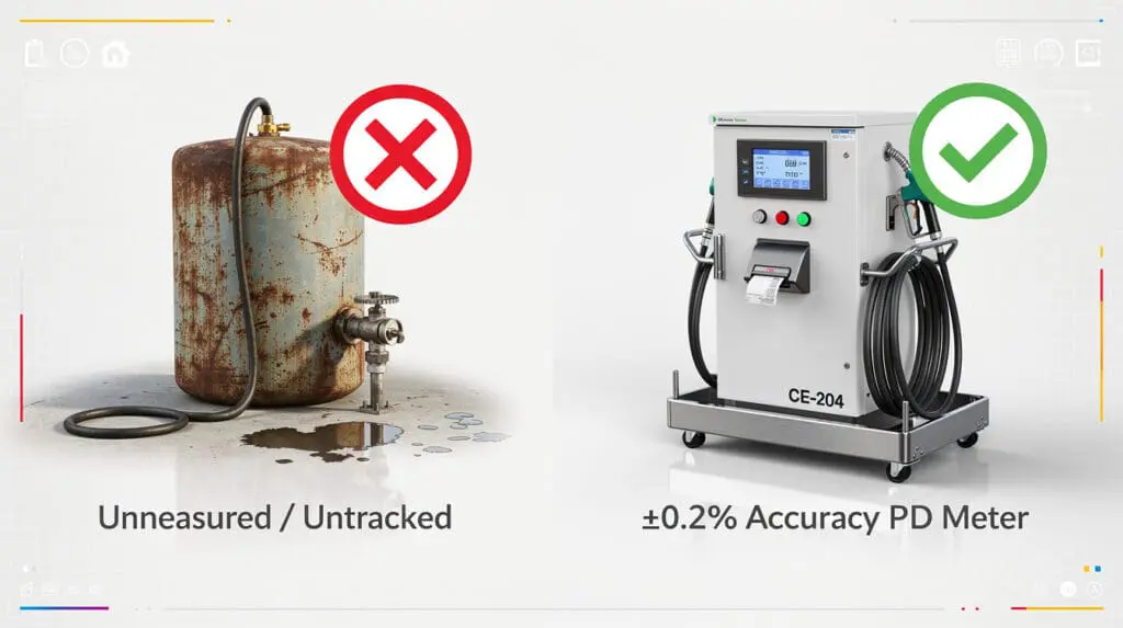 Comparison diagram showing basic gravity drop fueling versus a high-accuracy digital mobile dispenser skid.