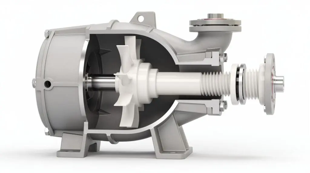 Cross-sectional 3D render of a Polypropylene centrifugal pump showing impeller and mechanical seal