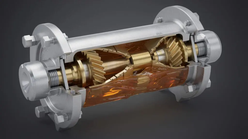 Cross-sectional engineering view of a positive displacement oval gear flow meter mechanism.