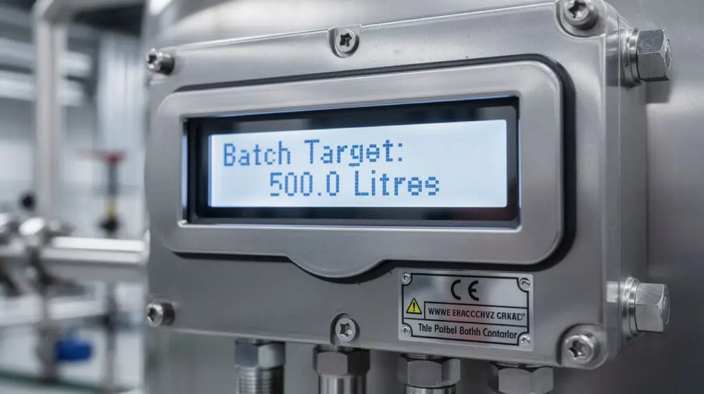 Digital preset controller display showing precise batch target volume