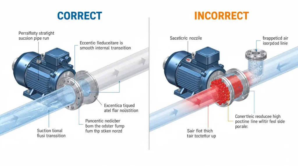 Eccentric vs concentric reducer piping layout diagram for PP pump suction