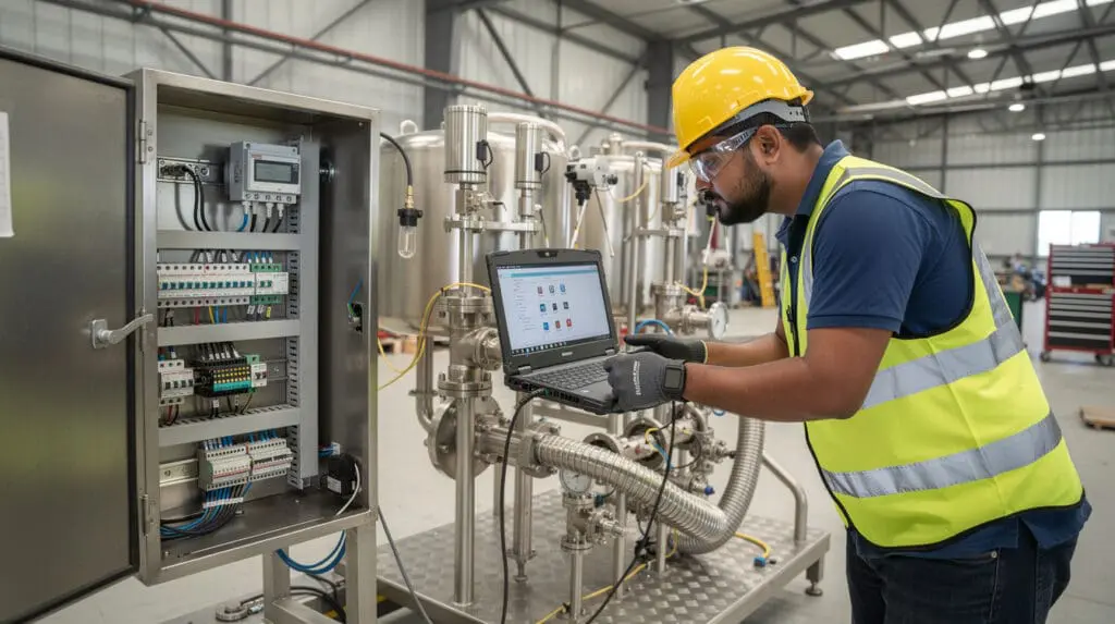 Engineer commissioning a custom liquid batching skid and calibrating PLC controls