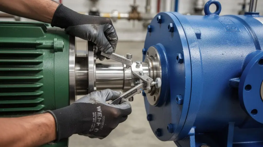 Engineer performing laser shaft alignment on a centrifugal pump