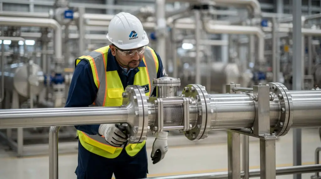 Maintenance engineer inspecting an inline strainer on a flow meter skid
