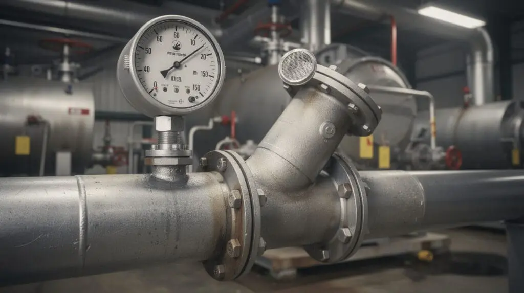 Mechanical oil flow meter installed on an industrial diesel transfer pipeline with a Y-strainer