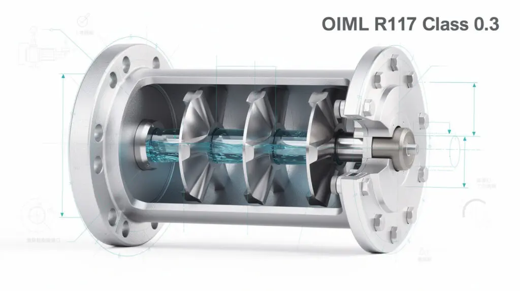 OIML R117 Class 0.3 compliant positive displacement flow meter internal chamber