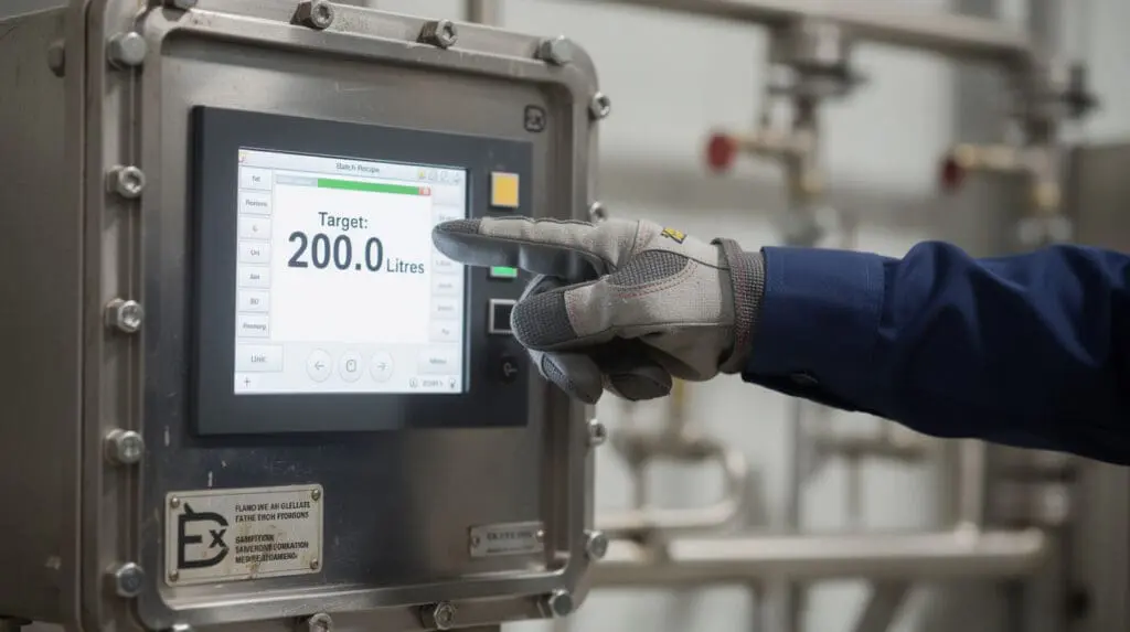 Operator programming a preset controller on an automatic liquid batching system