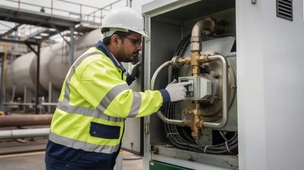 Plant engineer troubleshooting the internal components of an industrial diesel dispenser
