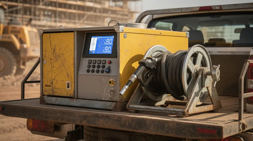 Rugged mobile fuel dispenser mounted on a pickup truck bed at an industrial site