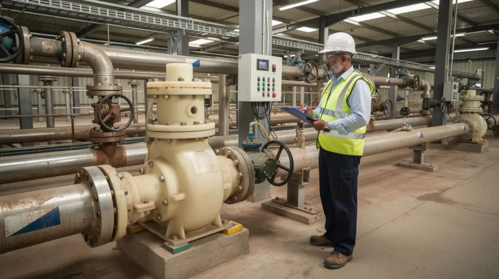 Senior engineer inspecting PP pump installation in an Indian ETP