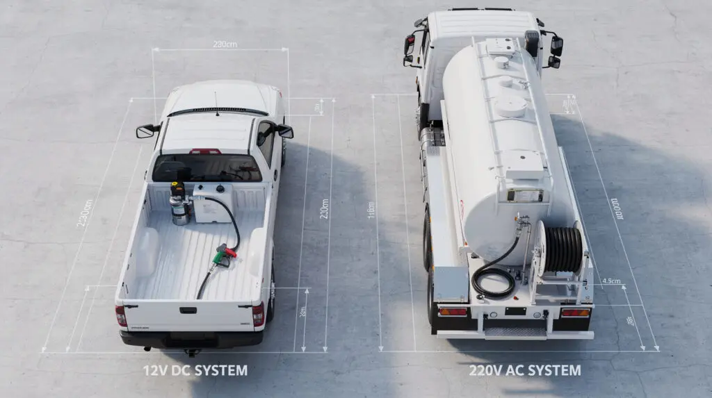 Side by side comparison of 12V DC pickup truck fuel dispenser and 220V AC tanker truck skid dispenser