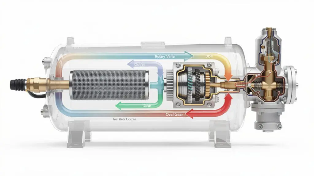 Technical diagram showing pump, filter, and positive displacement meter in a mobile fuel dispenser