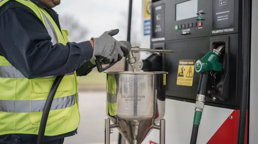 Technician performing volumetric proving calibration on a diesel dispenser for OIML R 117 compliance