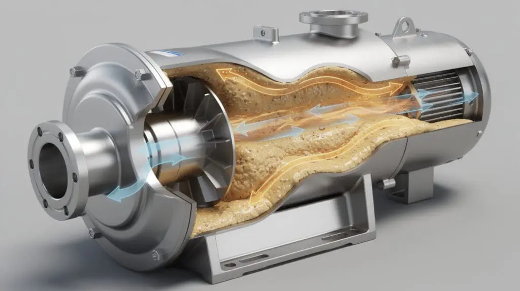 3D cutaway of SS pump impeller handling viscous distillery grain mash