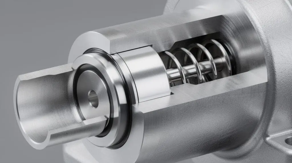 Close-up cutaway of mechanical seal in stainless steel pump