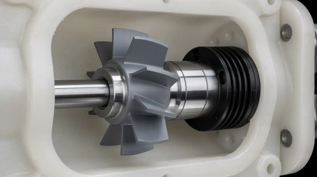 Close up of PP pump semi open impeller and PTFE bellows mechanical seal