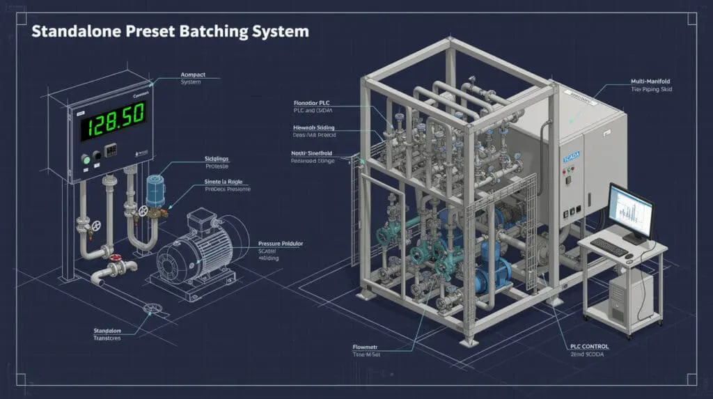 Comparison diagram of preset batch controller versus PLC based liquid batching skid