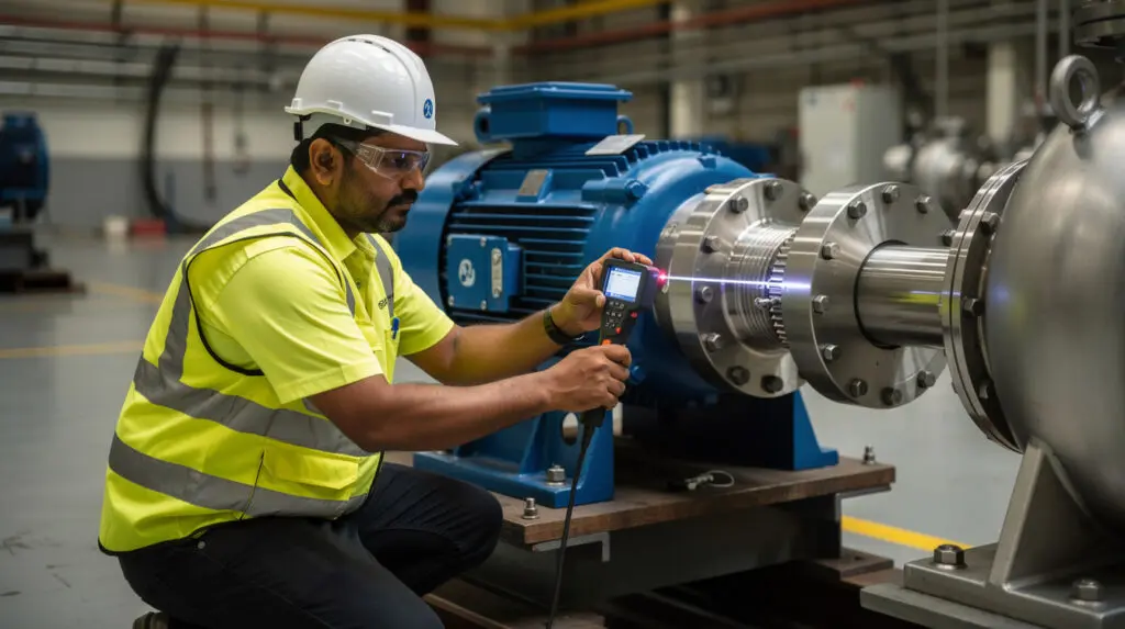 Engineer performing laser alignment on a stainless steel industrial pump and motor coupling