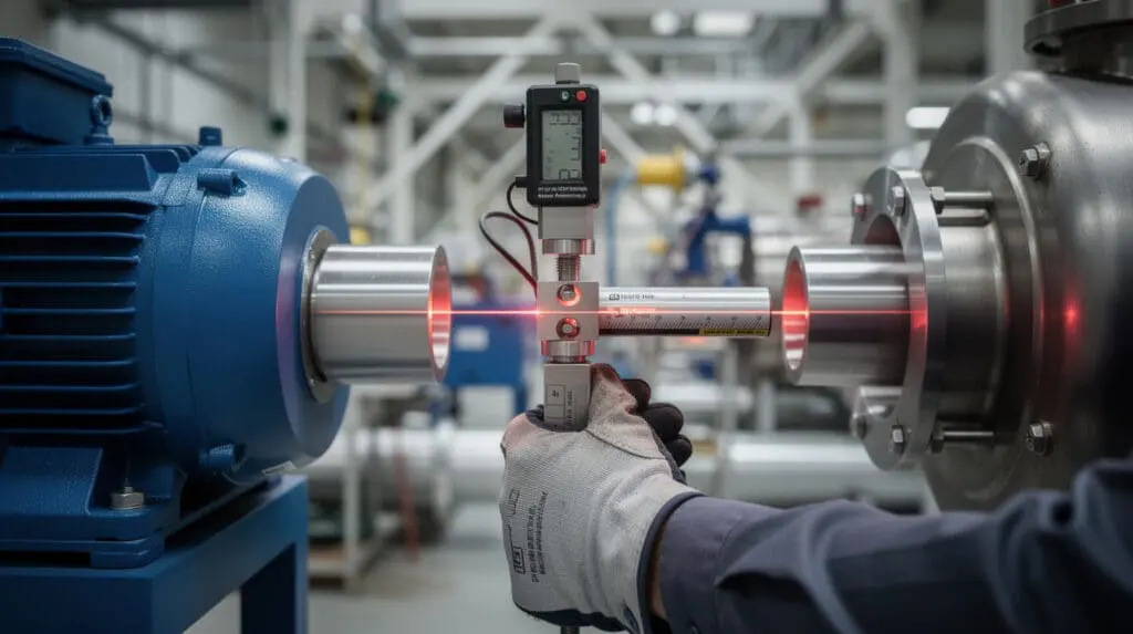 Engineer performing laser shaft alignment on an industrial SS pump