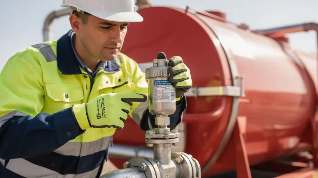 Engineer replacing a water-block filter on a mobile diesel dispenser skid